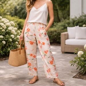 Talbots Pure Silk Floral Pants Size 10 Tropical Print Straight Leg Resort Luxe